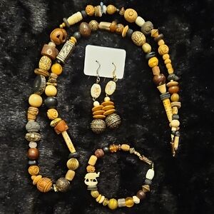Boho Carved Wood Bead 29" Necklace, Bracelet & Earring Set - Tan Brown Metals